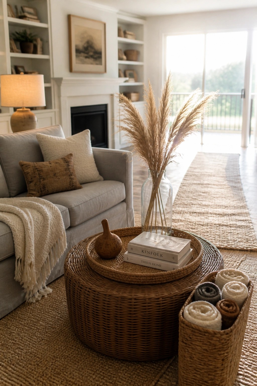 A living room corner shows a gray sofa, round woven coffee table with books and dried grass, and a side basket holding rolled blankets on a jute rug.