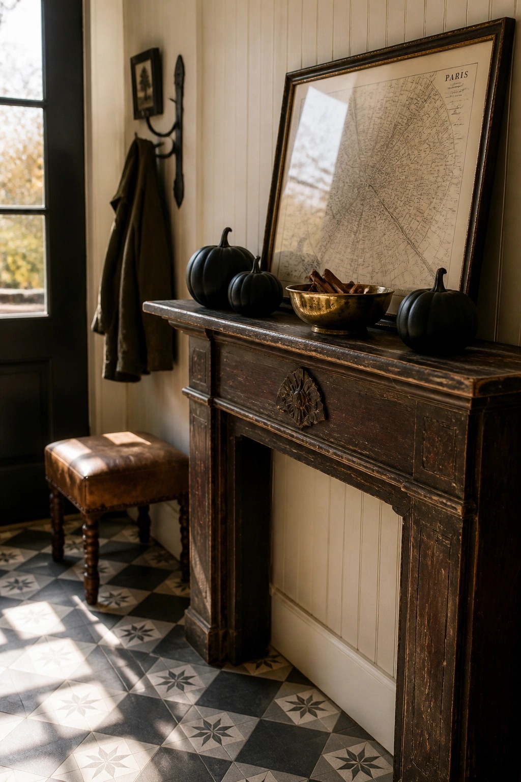 A dark wooden fireplace mantel holds three black pumpkins and a brass bowl filled with cinnamon sticks, with a large framed map of Paris leaning above it.