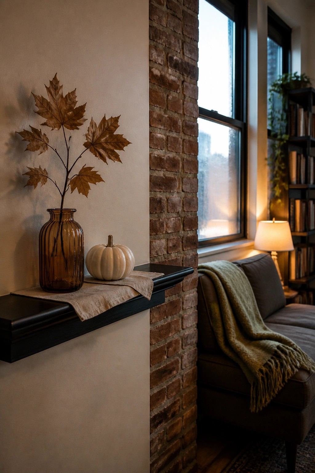 A black mantel shelf holds a brown glass vase with dried leaves and a small white pumpkin on a beige cloth runner against a white wall next to a brick column.