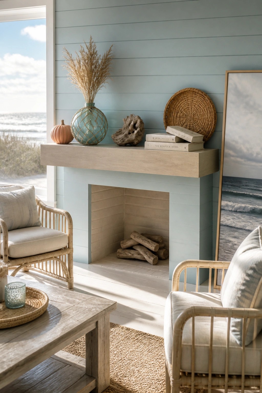 A light wood fireplace mantel with dried grasses in a blue glass vase, a small orange pumpkin, driftwood, stacked books, and a woven basket against a pale blue wall.