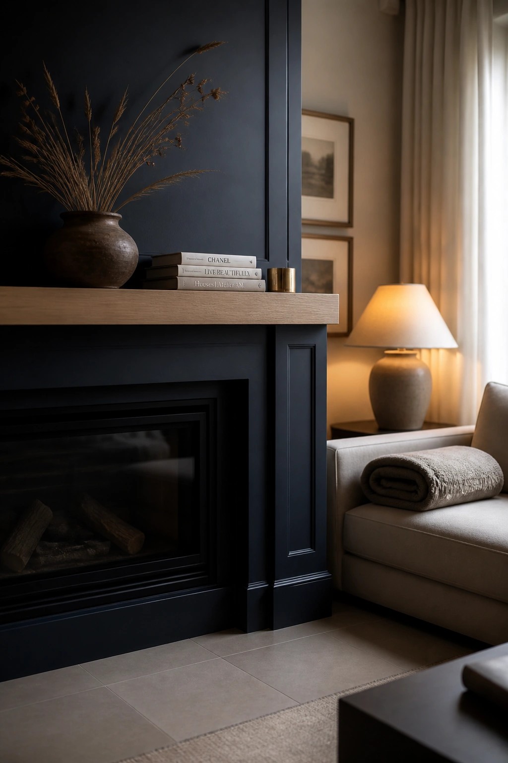 A dark blue fireplace mantel holds a brown vase with dried grasses, a stack of books, and a small brass object, with a beige sofa and lit lamp visible to the right.