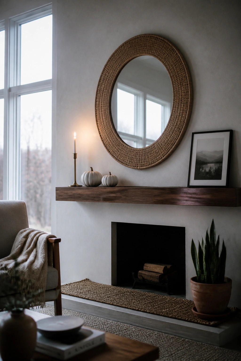 A white fireplace mantel with a round woven mirror above it holds two small white pumpkins and a lit candle, with a framed photo on the right and a potted plant beside the opening.