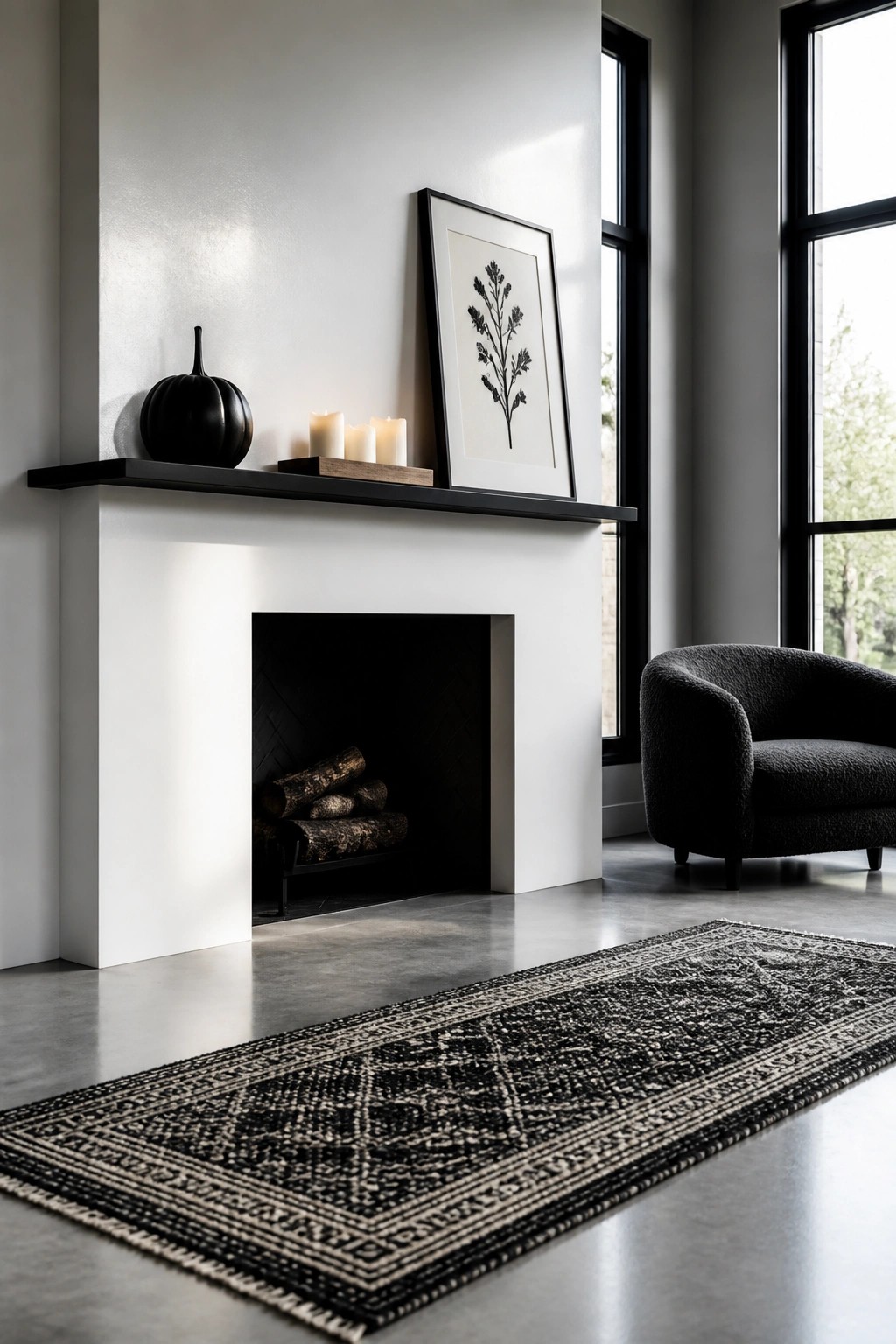 A white fireplace mantel holds a black pumpkin, three white candles, and a framed botanical print against a light wall.