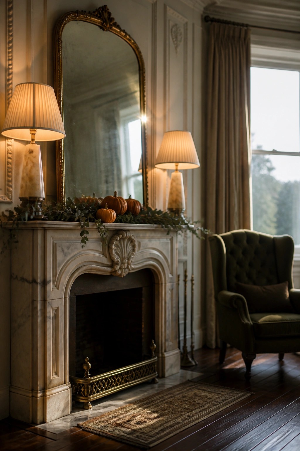 A marble fireplace mantel with a greenery garland and several small orange pumpkins, two table lamps on the hearth, and a large gold-framed mirror above.