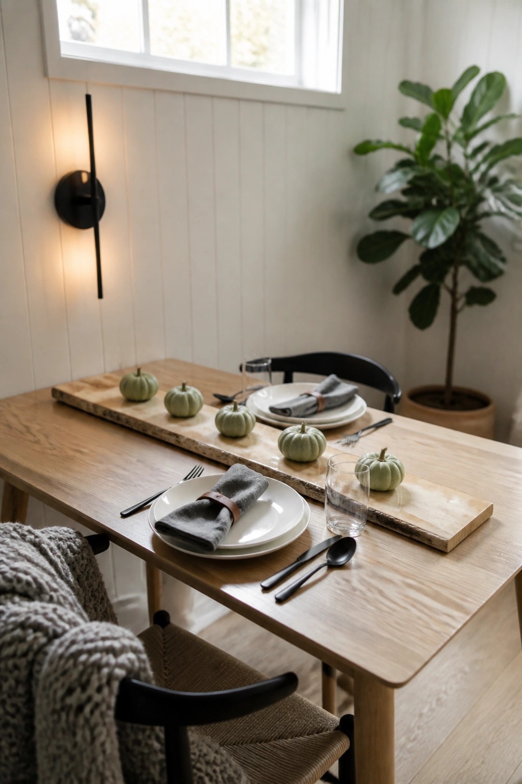 A wooden dining table with a long natural wood board running down the center, small green pumpkins placed along it, and place settings with white plates and gray linen napkins.