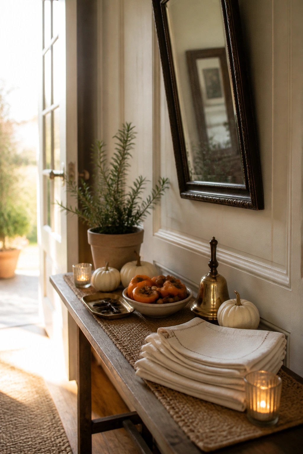 A wooden console table against a white wall holds white mini pumpkins, a bowl of fruit, folded linen napkins on a burlap runner, candles, a brass bell, and a potted plant, with a mirror above.