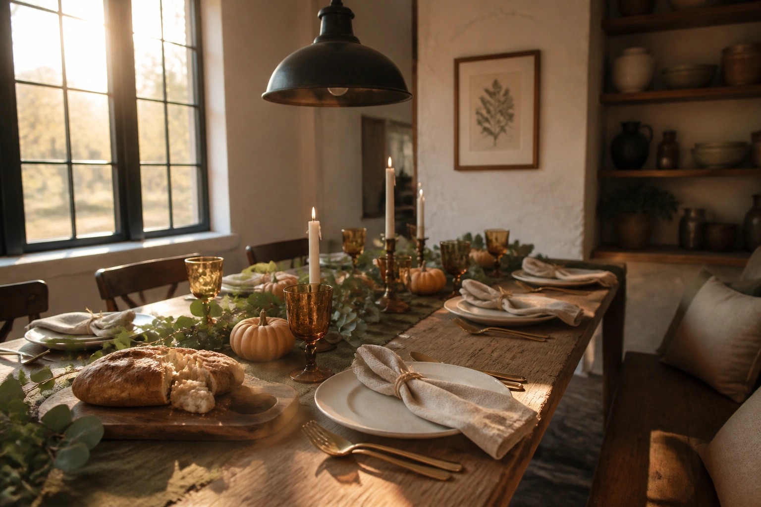 A rustic wooden dining table set for a meal with white plates, tied linen napkins, amber glassware, taper candles, small pumpkins, and a green runner down the center.