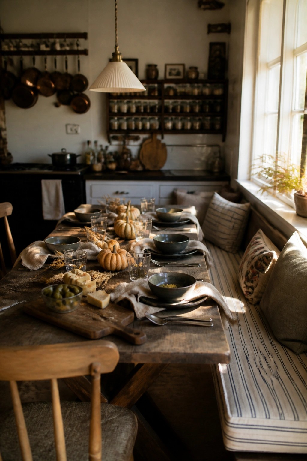 Rustic wooden table set with bowls, pumpkins, bread, and cushions in sunlit kitchen