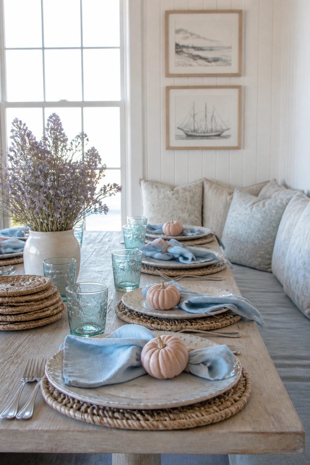 Rustic wooden table set with blue napkins, pumpkins, and woven placemats in bright room