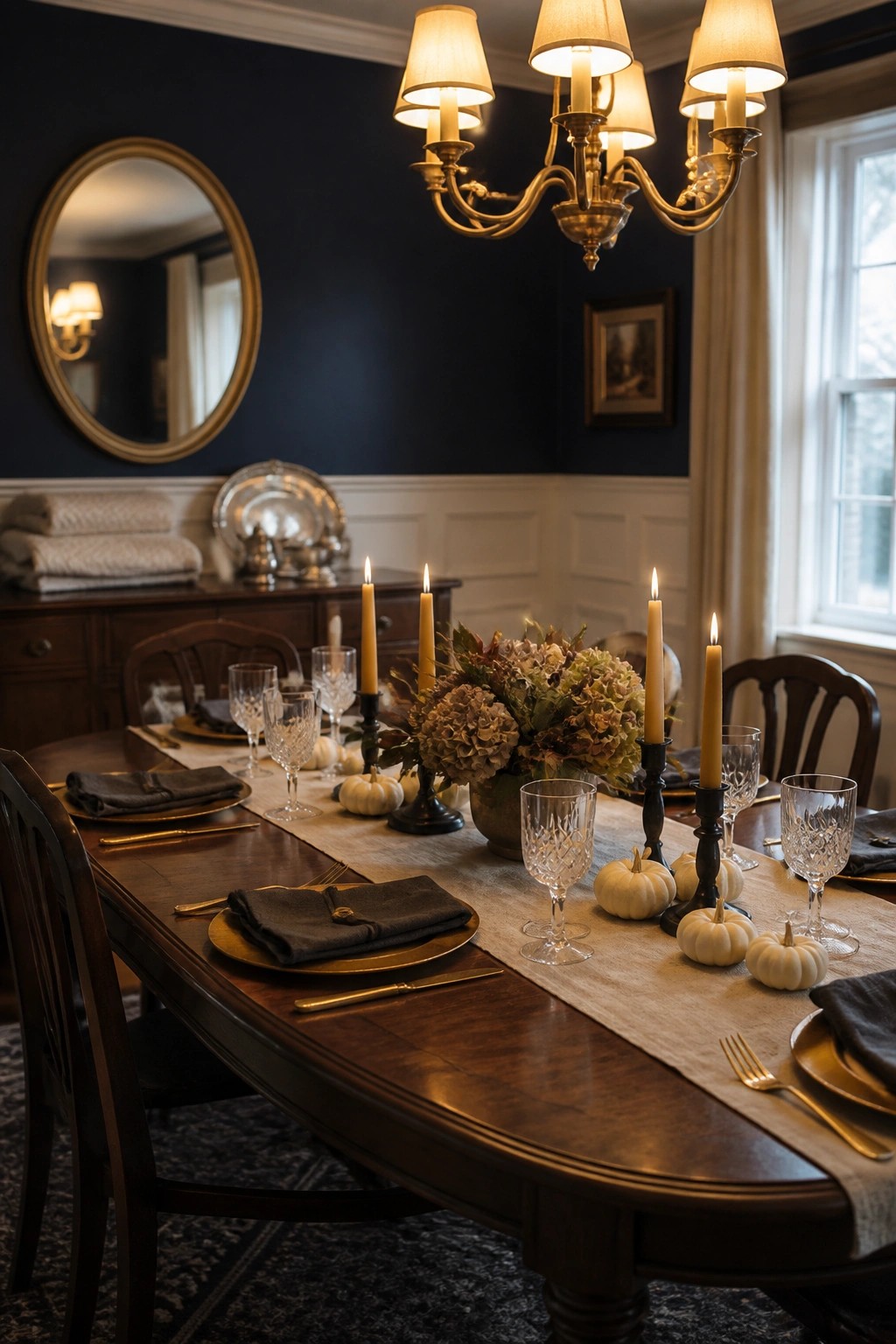 A dark wood dining table set with a beige linen runner, small white pumpkins, dark napkins on gold plates, crystal glasses, and tall candles in black holders.