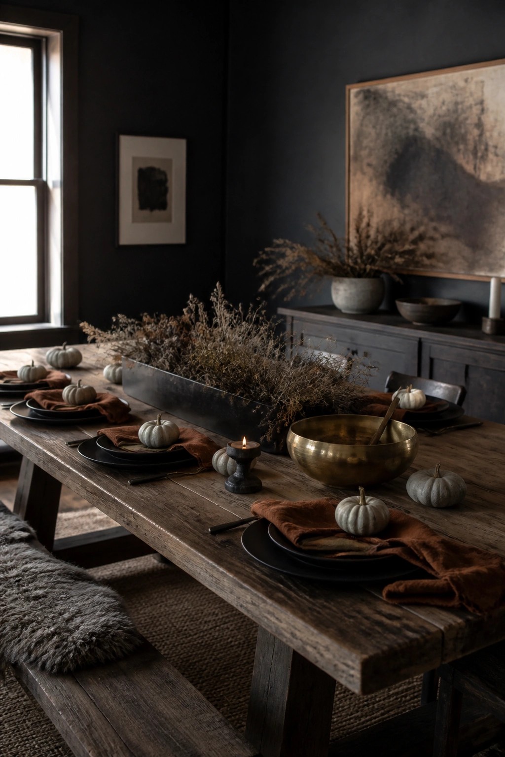 A rustic wooden dining table set for fall with black plates, rust linen napkins, small white pumpkins, a long black trough filled with dried foliage, and a lit candle.