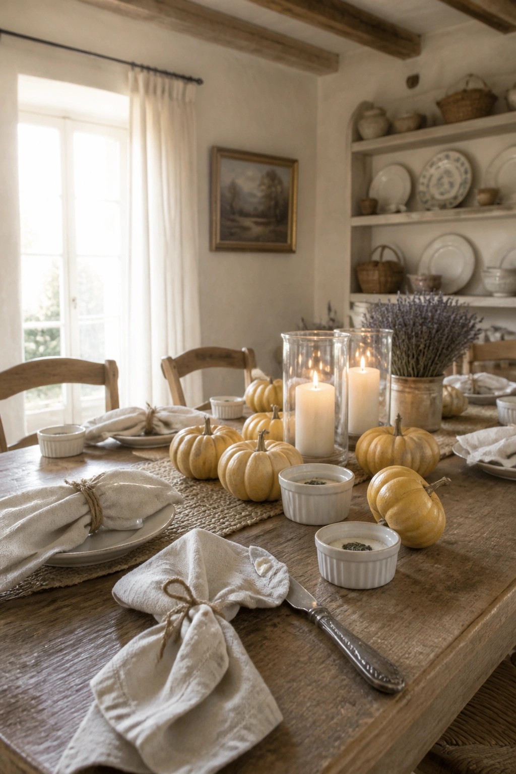 A wooden dining table set with small yellow pumpkins, tied linen napkins, lit candles in glass holders, and white dishes on a burlap runner.
