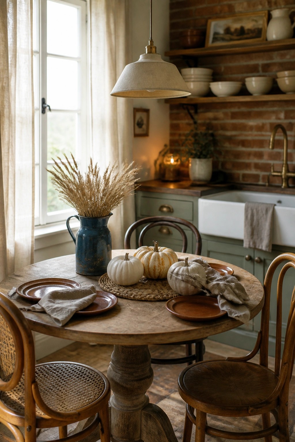 A round wooden table in a rustic kitchen holds small white and striped pumpkins, brown plates, folded linen napkins, and a blue pitcher filled with dried grasses.