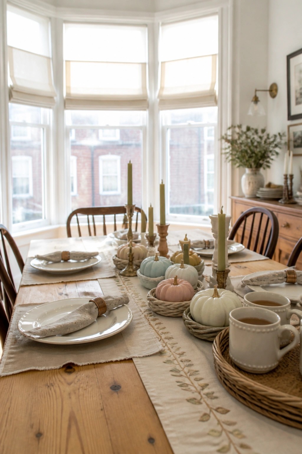 A long wooden dining table set for fall with white plates, linen napkins, green candles, and mini pumpkins placed in woven baskets along an embroidered table runner.