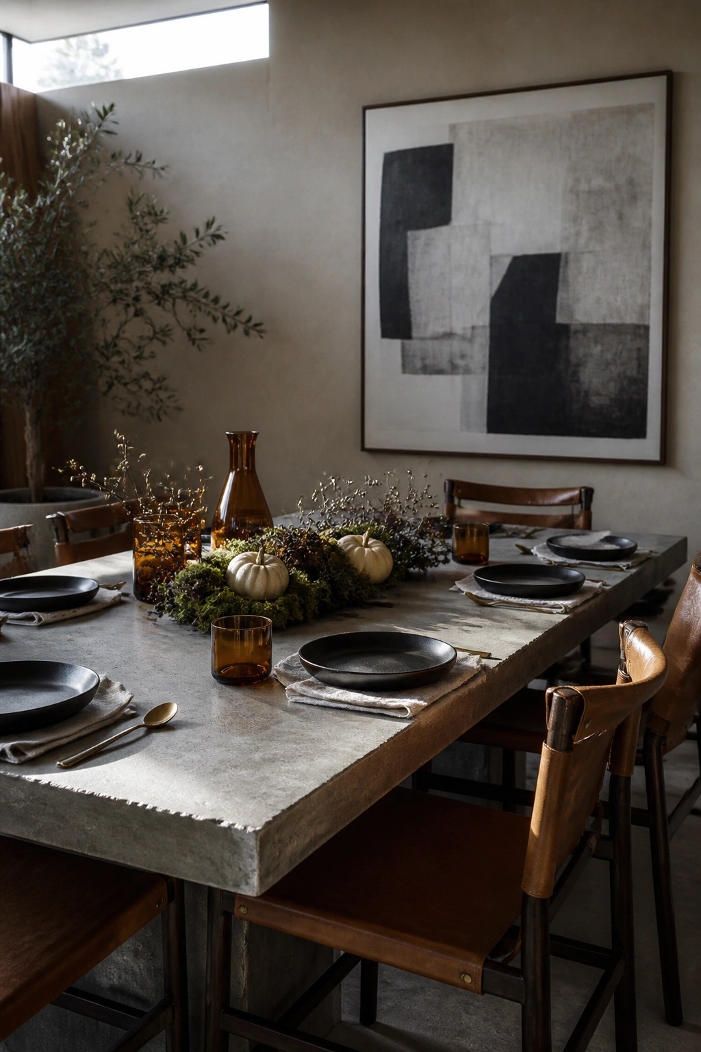 A long concrete dining table set with black plates, linen napkins, amber glassware, and a low centerpiece of moss, greenery, and small white pumpkins.