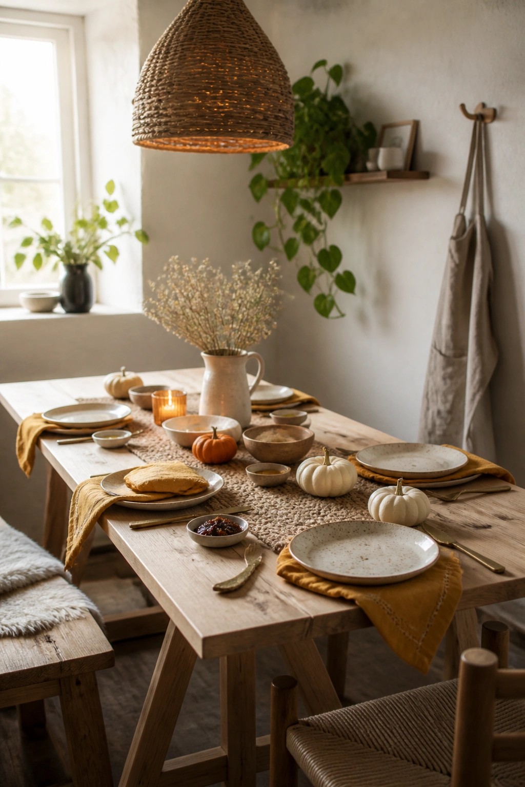 A wooden dining table set with speckled plates, mustard linen napkins, small orange and white pumpkins, bowls, and dried flowers under a woven light fixture.