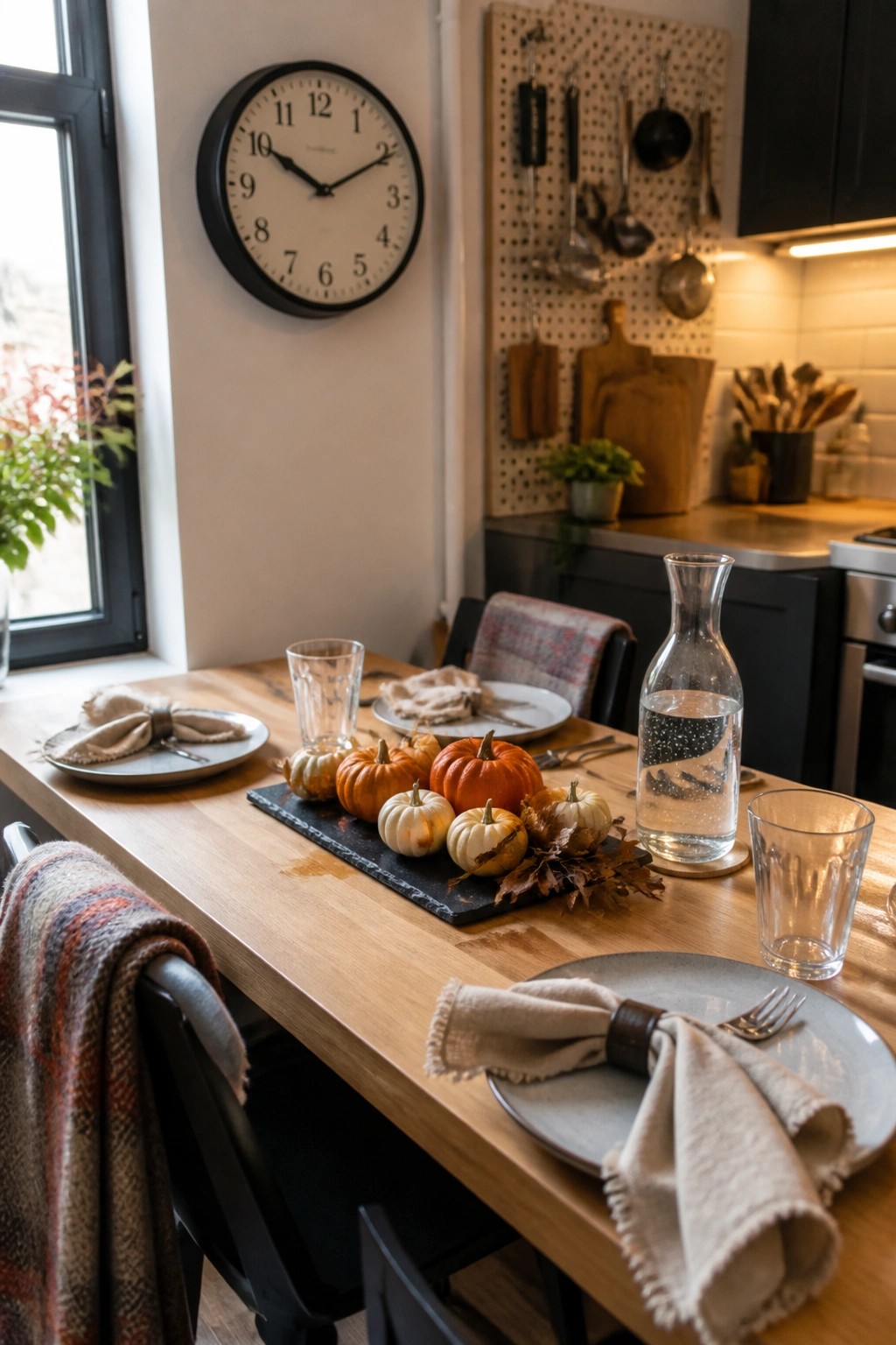 A wooden dining table set with gray plates, folded linen napkins, drinking glasses, and a black tray holding several small pumpkins in the center.