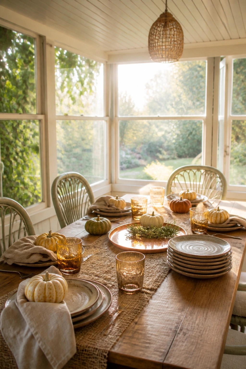 A wooden dining table set with stacked ceramic plates, folded linen napkins, amber glassware, and scattered mini pumpkins in a sunlit room with large windows.
