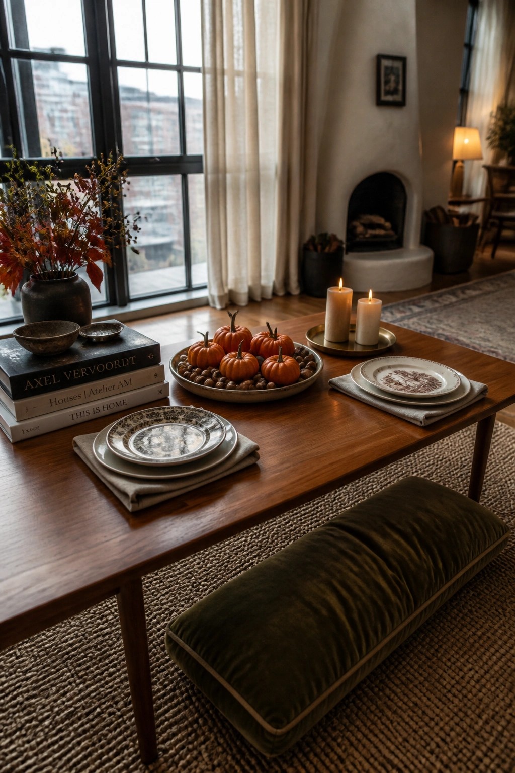 A wooden coffee table holds a tray of small orange pumpkins, stacked plates resting on folded linen napkins, two lit candles, and a stack of books beside a vase of autumn leaves.