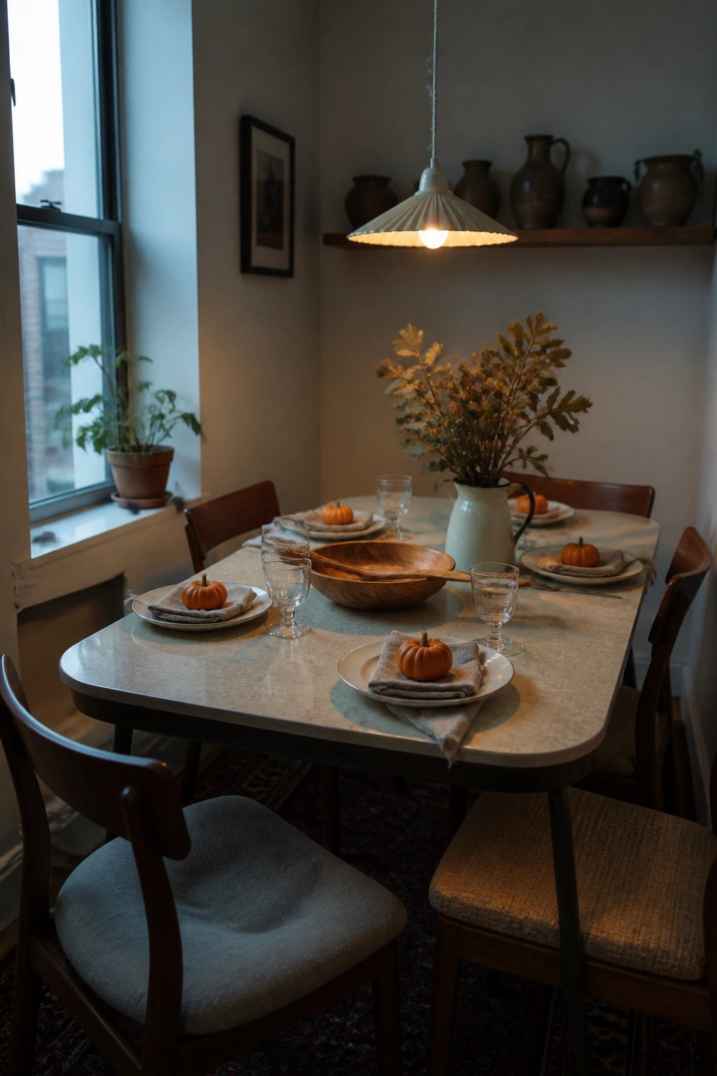 A dining table set with white plates, gray linen napkins, small orange pumpkins, drinking glasses, and a large wooden bowl in a softly lit room.