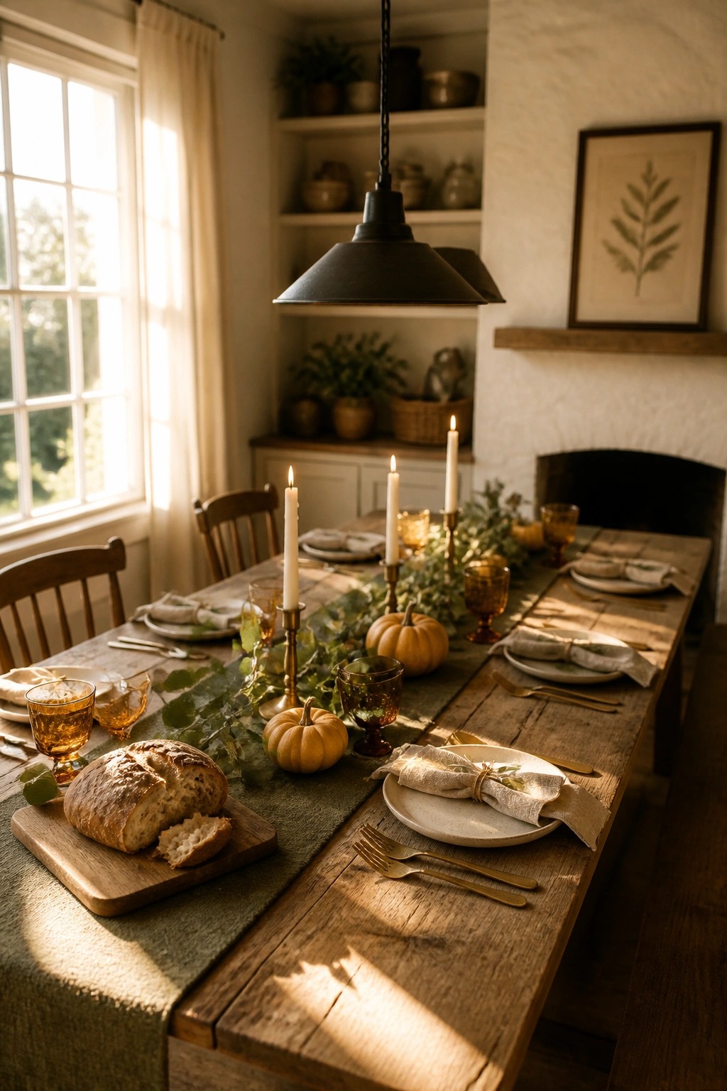 A rustic wooden dining table set for a meal with white plates, tied linen napkins, amber glassware, taper candles, small pumpkins, and a green runner down the center.