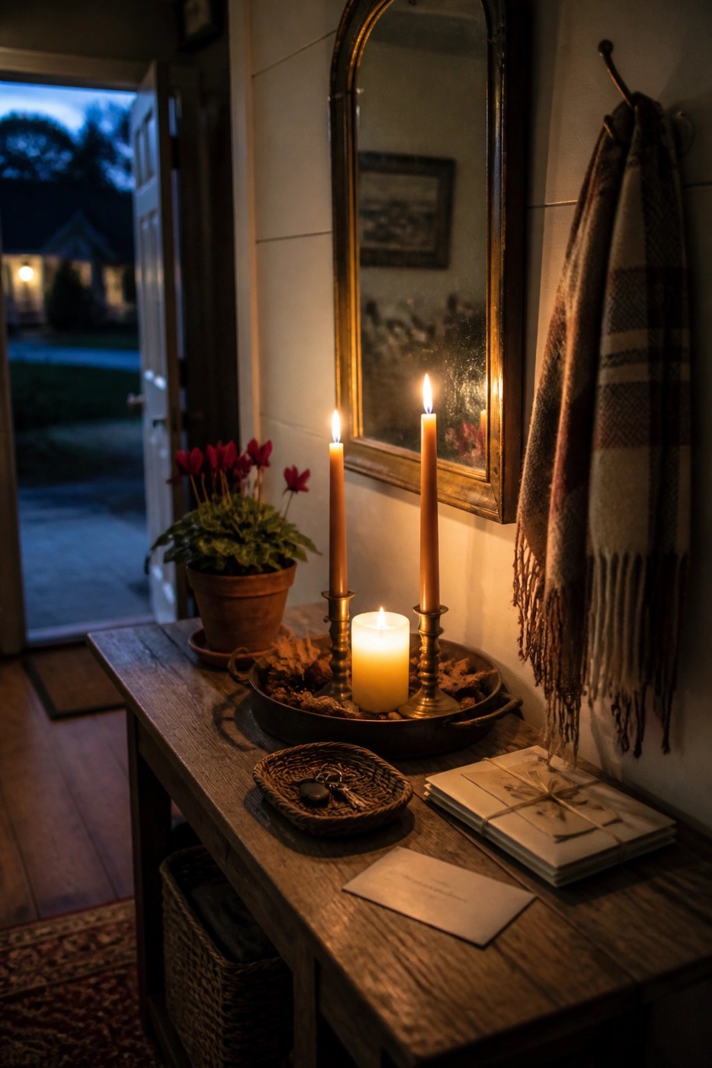 A wooden console table holds a round metal tray with three lit candles in brass holders, a small woven basket, stacked papers, and an envelope, with a mirror and plaid blanket visible on the wall behind it.
