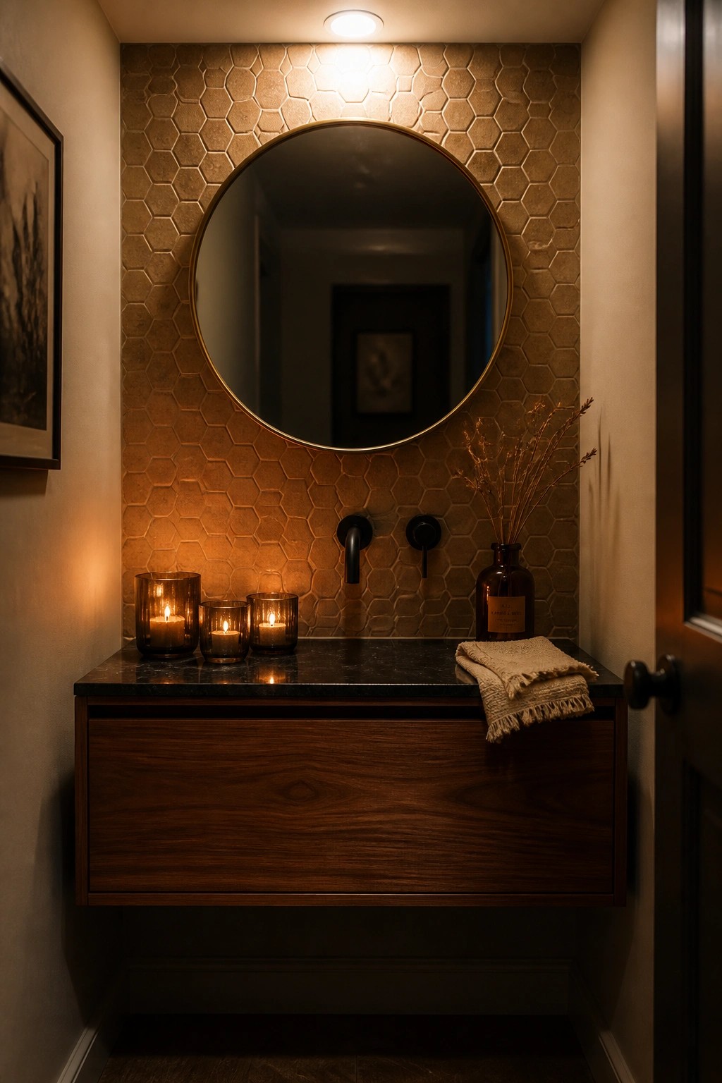 A bathroom vanity area with a floating wood cabinet, black stone countertop, round mirror, hexagonal wall tiles, and several lit candles in glass holders on the left side of the counter.