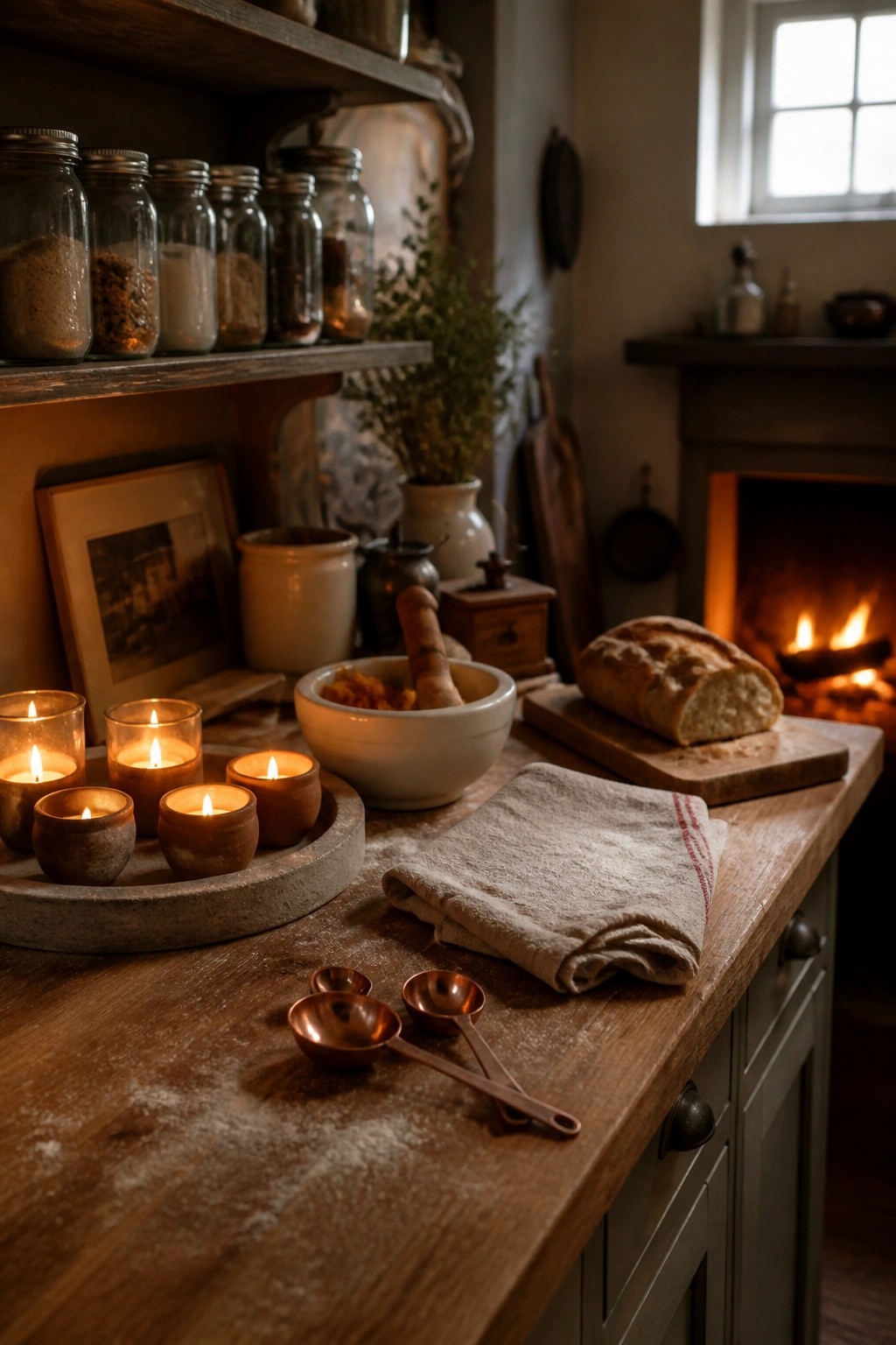 A rustic wooden kitchen counter displays a round tray of lit candles, copper measuring spoons, a folded cloth, a loaf of bread on a cutting board, and shelves holding glass jars above a fireplace.