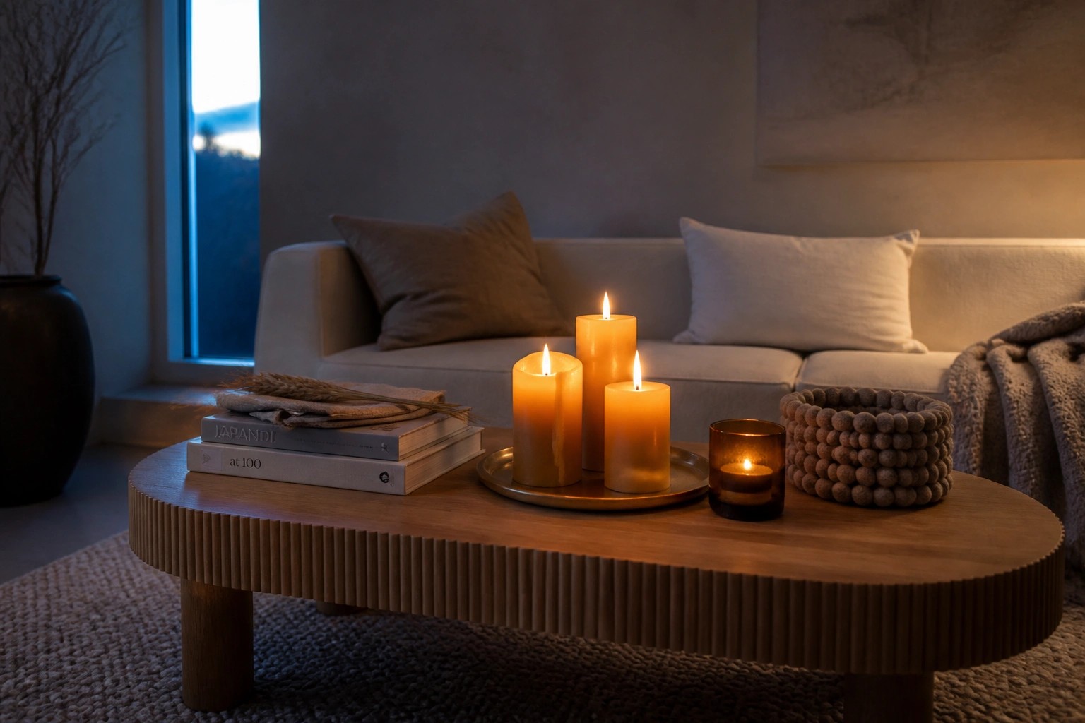 Three lit pillar candles rest on a round metal tray atop a wooden coffee table in a living room with a light sofa nearby.
