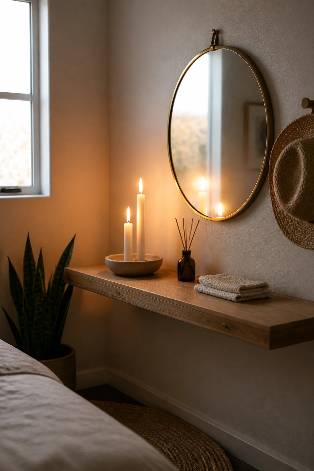 A wooden floating shelf mounted on a wall holds three lit candles in a bowl, a small reed diffuser, and folded cloths, with a round mirror above it.