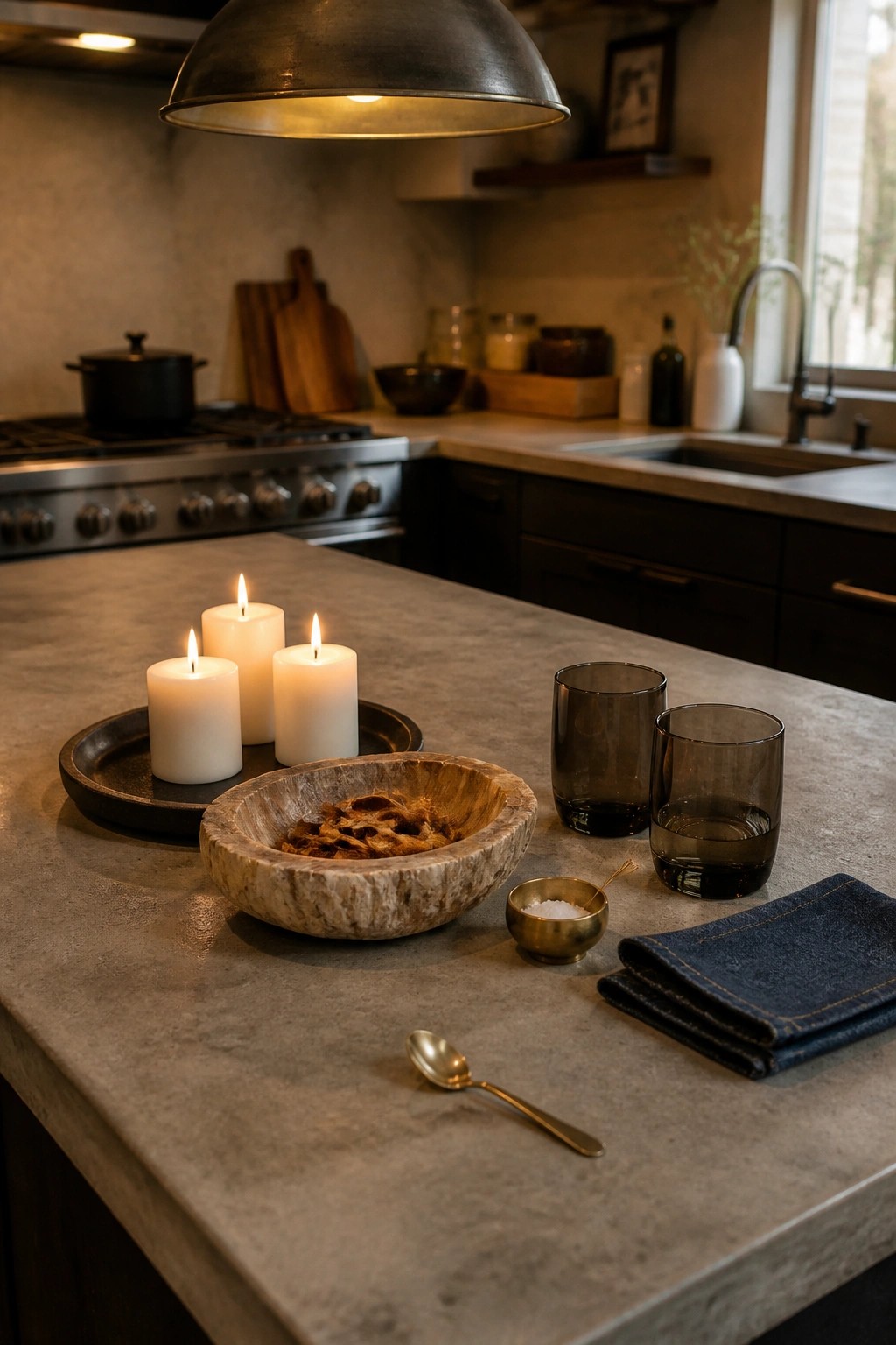 Three lit white pillar candles rest on a dark tray beside a wooden bowl on a concrete kitchen countertop.
