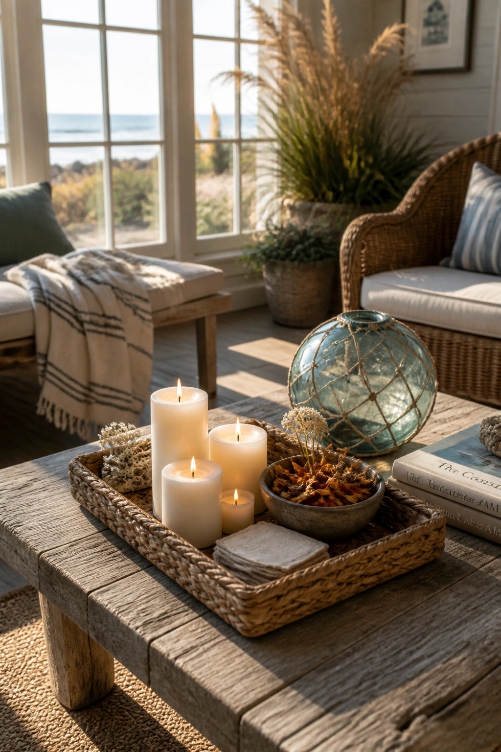 A wooden coffee table with a woven tray holding multiple lit white candles of varying heights, a bowl of dried botanicals, and a glass float in a room with large windows overlooking the ocean.
