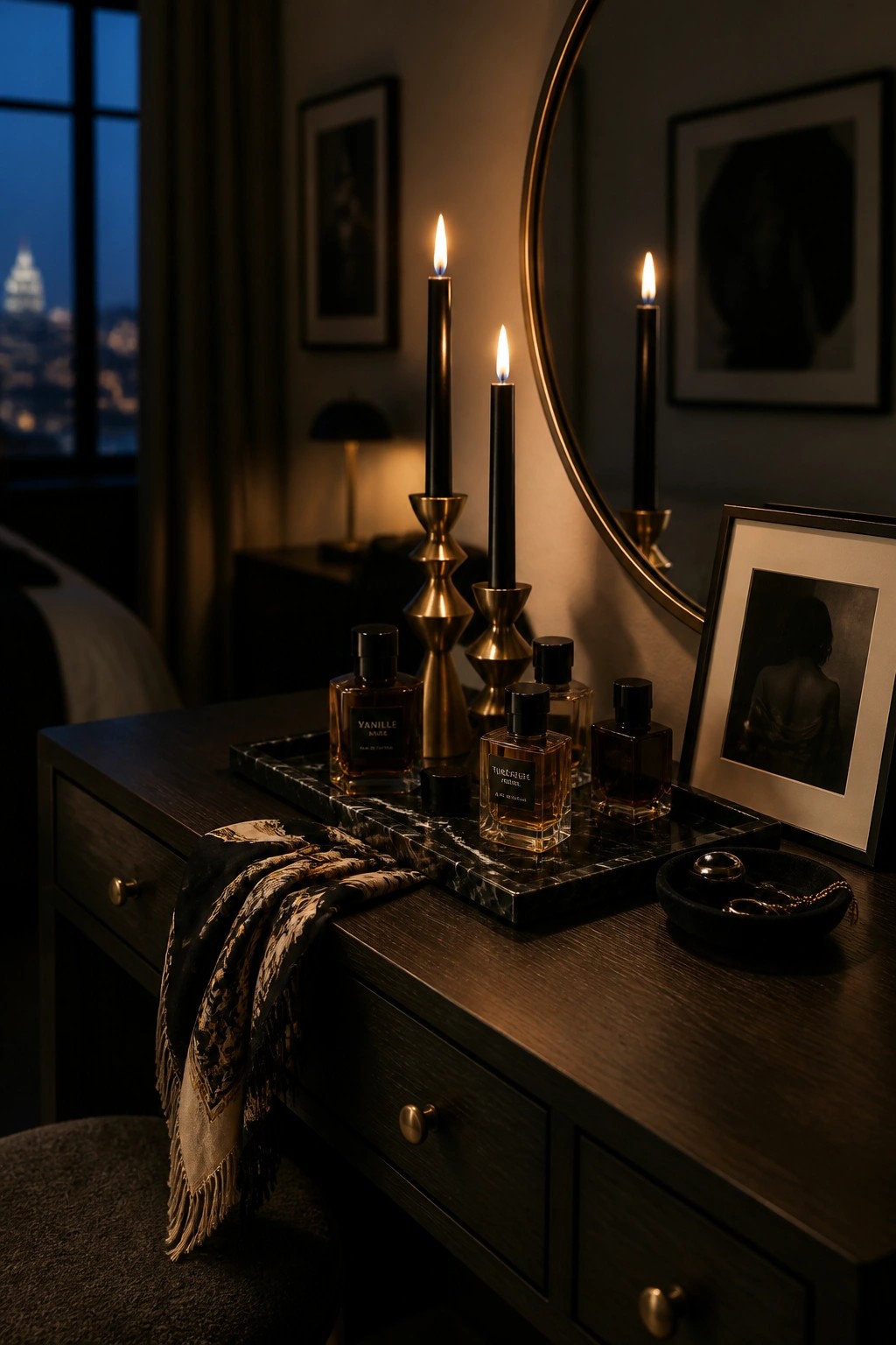 A dark wooden dresser features a black marble tray holding several lit black taper candles and perfume bottles, with a round mirror and framed pictures visible in the background.