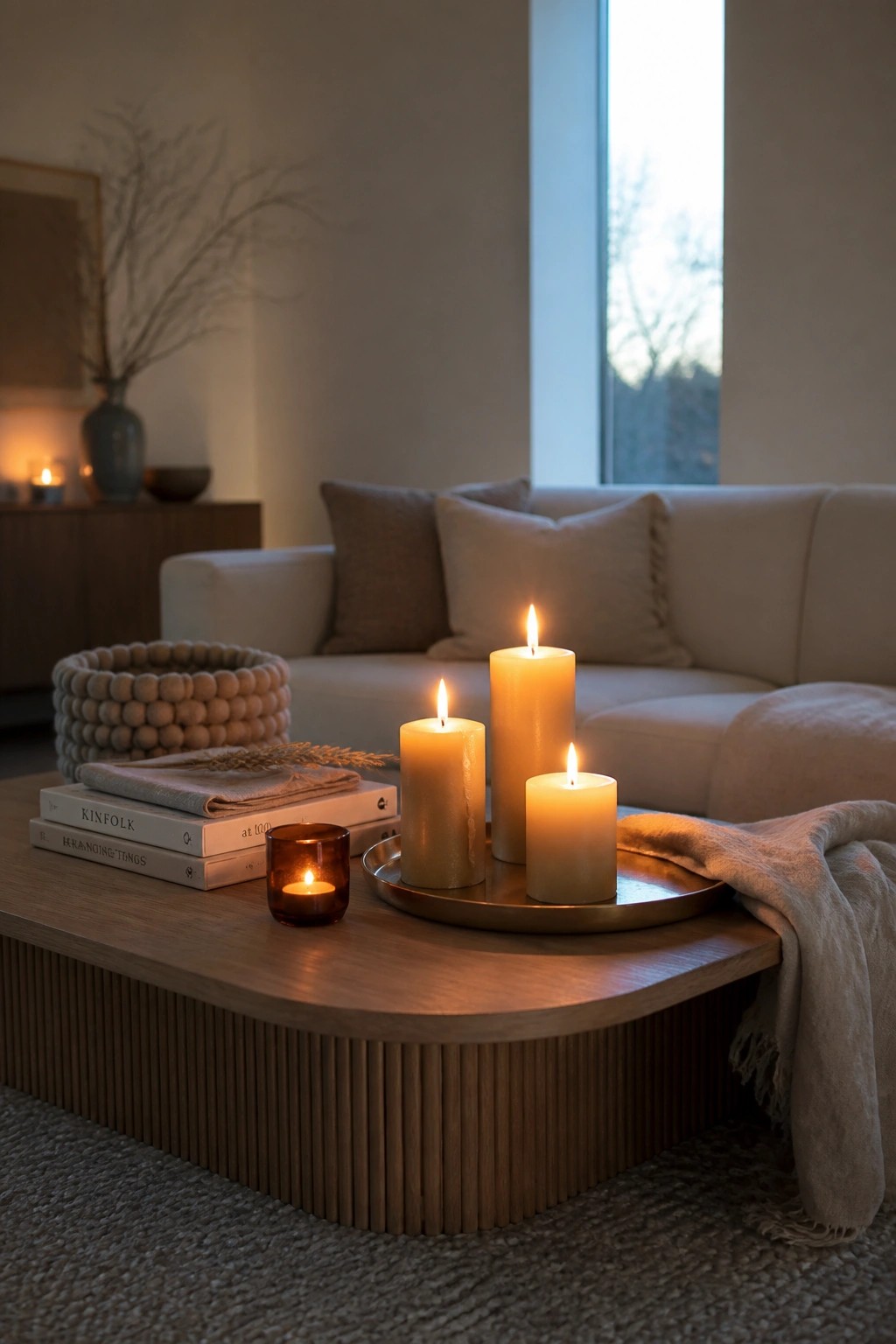 Three lit pillar candles rest on a round metal tray atop a wooden coffee table in a living room with a light sofa nearby.