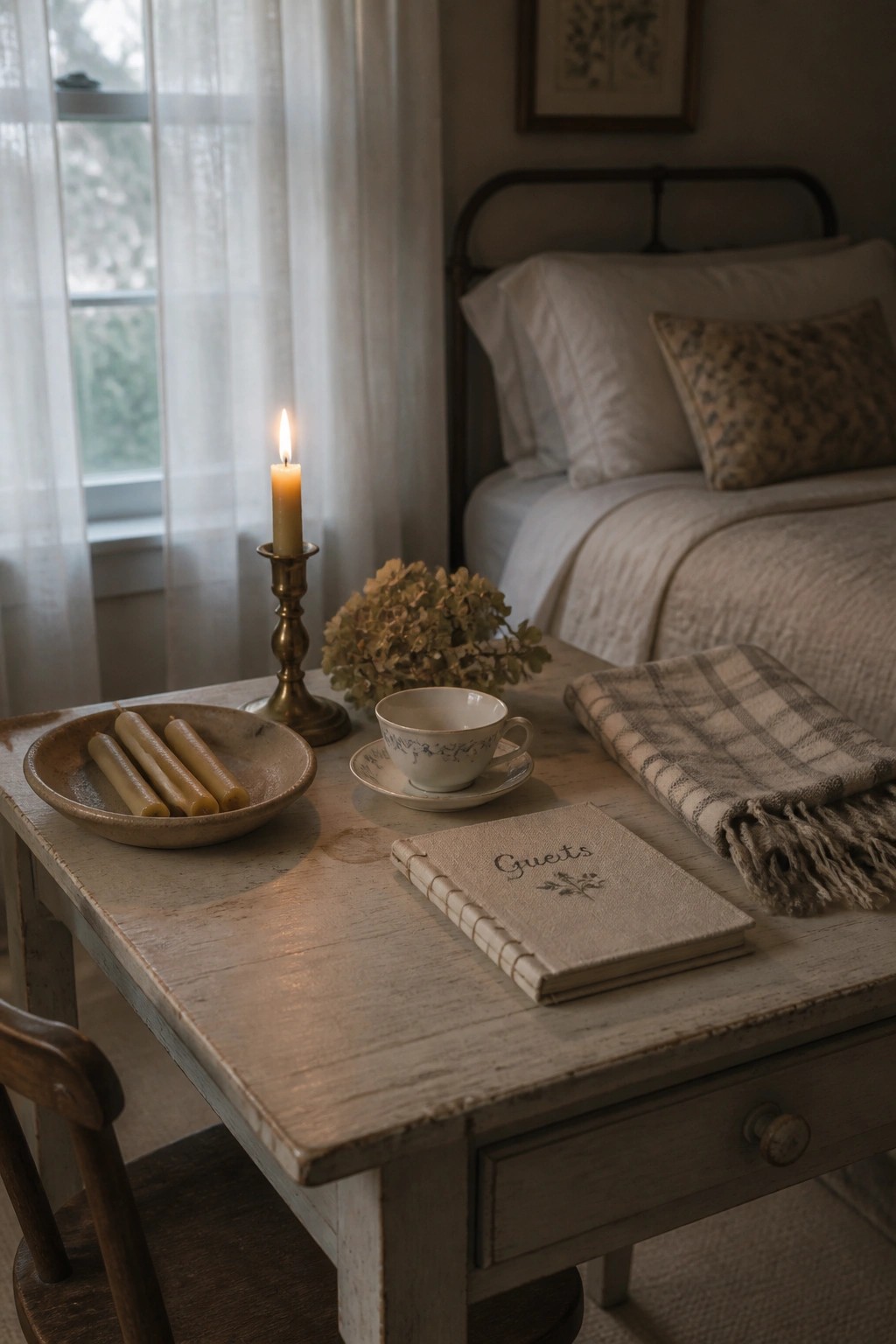 A lit candle in a brass holder on a wooden table next to a teacup, guest book, and dried flowers in a bedroom.