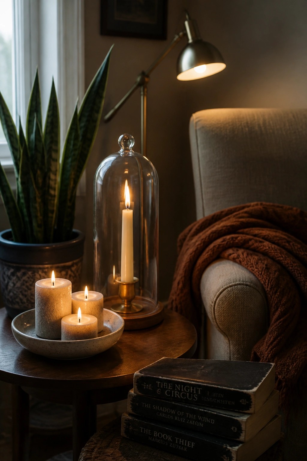 A wooden side table with several lit candles, one placed under a glass cloche, next to a stack of books and a potted plant.