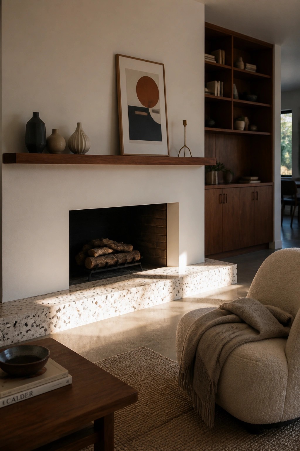 A modern fireplace with a wooden mantel holding three ceramic vases and a framed abstract print above the opening.