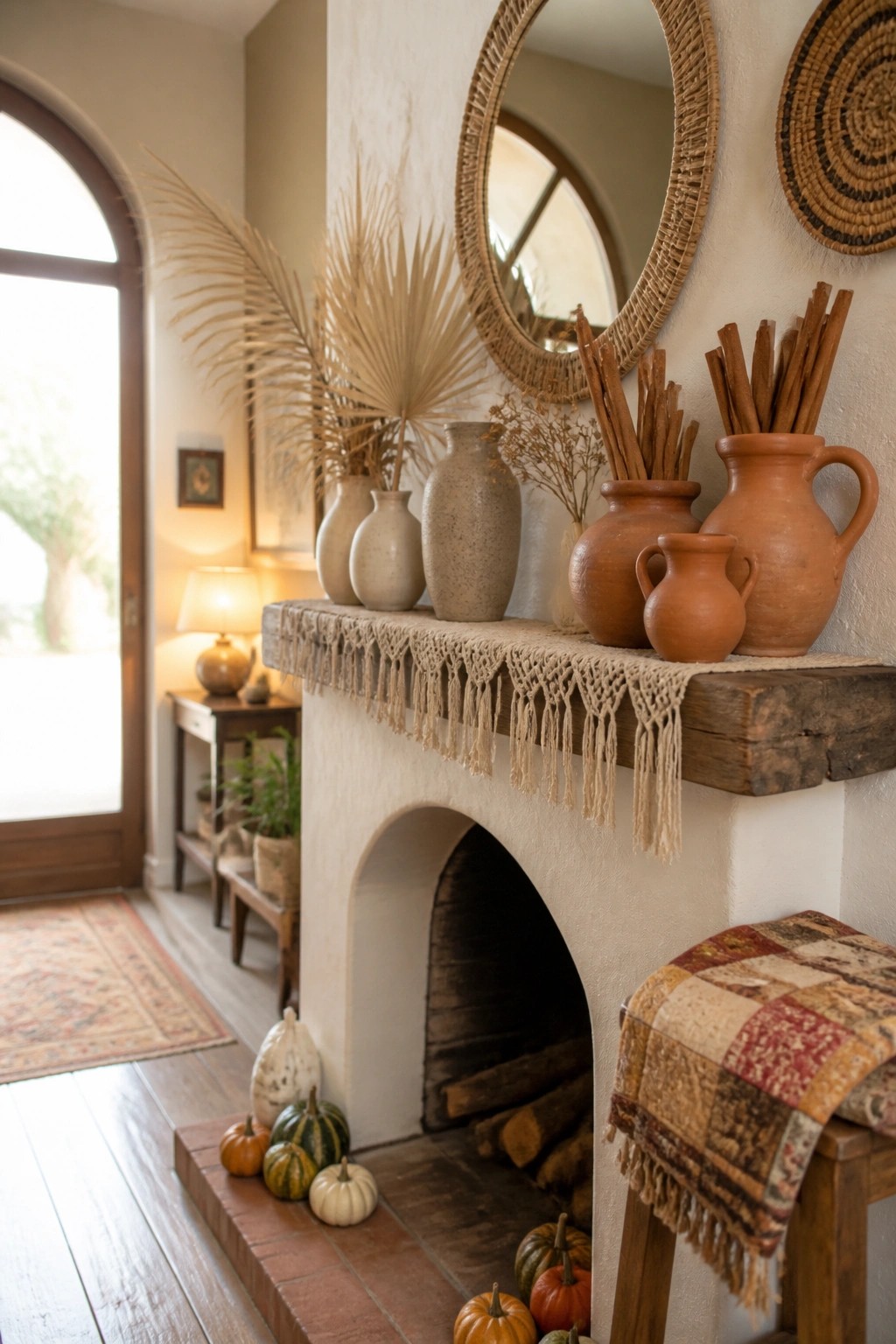 Rustic fireplace mantel with terracotta vases, dried plants, macrame runner, and pumpkins.