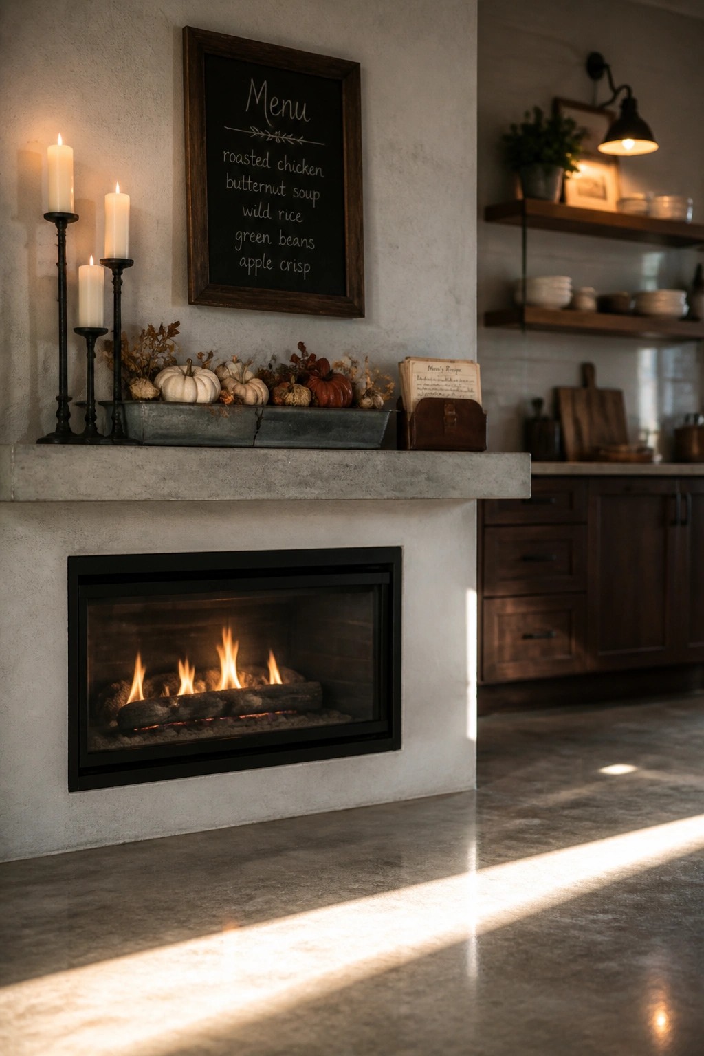 Rustic fireplace with burning logs, autumn mantel decor, and chalkboard menu above.