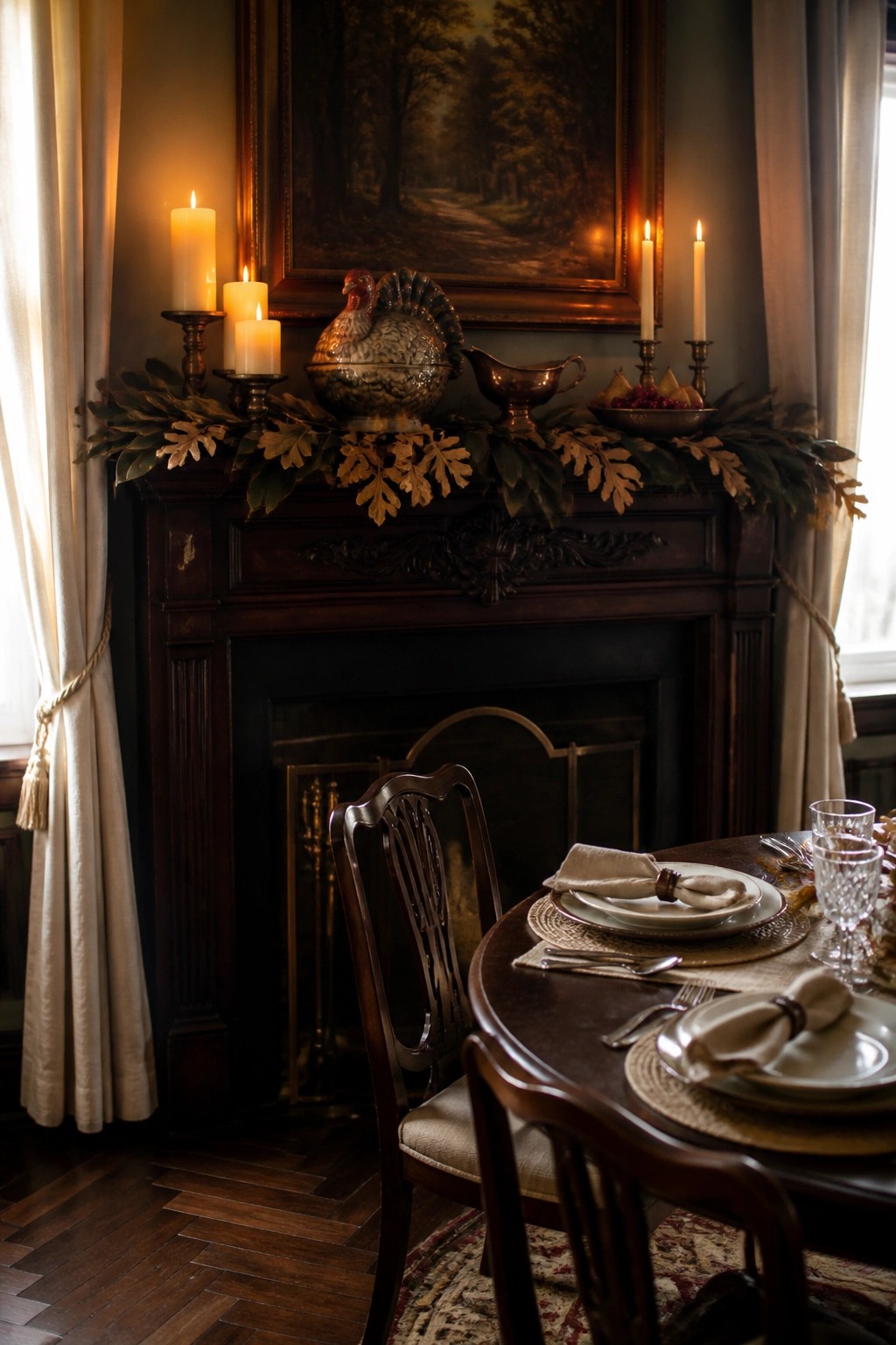 A dark wood fireplace mantel topped with an autumn leaf garland, lit candles, a ceramic turkey, and a metal gravy boat, with a dining table set in the foreground.