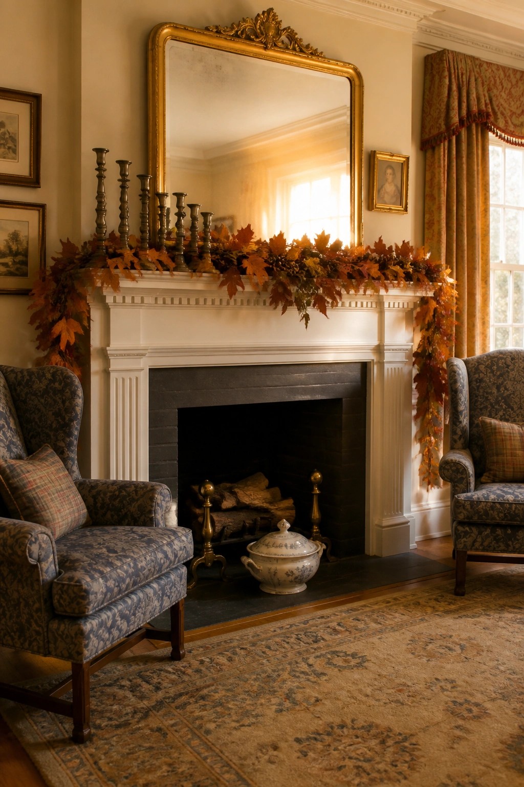A living room fireplace mantel decorated with a long garland of autumn leaves, candlesticks, and a large gold mirror above it.