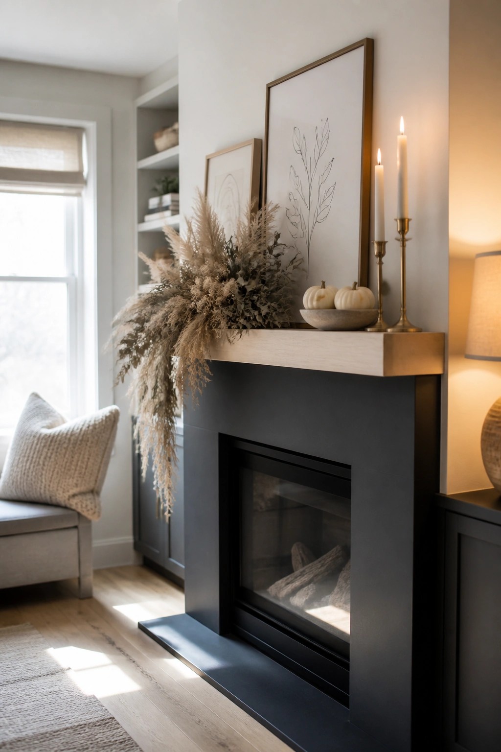 Modern black fireplace with pampas grass, pumpkins, and lit brass candles on mantel.
