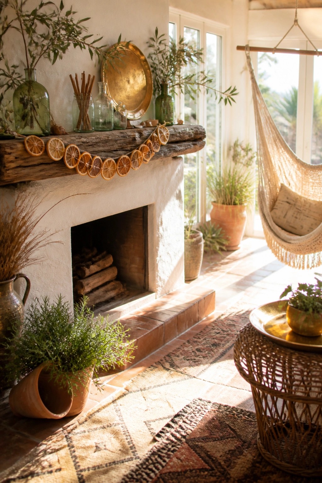 Rustic fireplace with dried orange garland, plants, hanging chair, and woven rug in sunlight