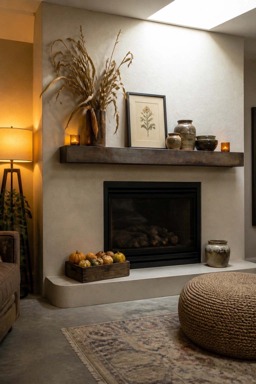 A modern fireplace with a dark metal mantel holds dried grasses in a tall vase, a framed botanical print, several ceramic vessels, and small candles, with a wooden crate of mini pumpkins on the hearth below.
