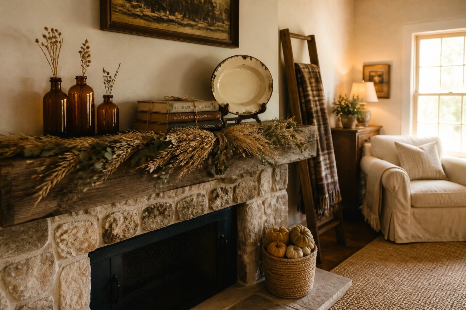 A rustic stone fireplace with a wooden mantel decorated with stacked books, amber glass bottles, dried foliage, and a woven basket of small pumpkins on the hearth.