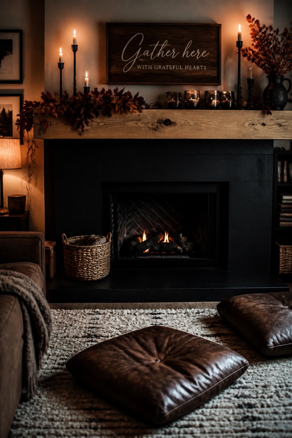 A living room fireplace mantel decorated with a garland of red and orange autumn leaves, black candle holders, and a wooden sign above the firebox.