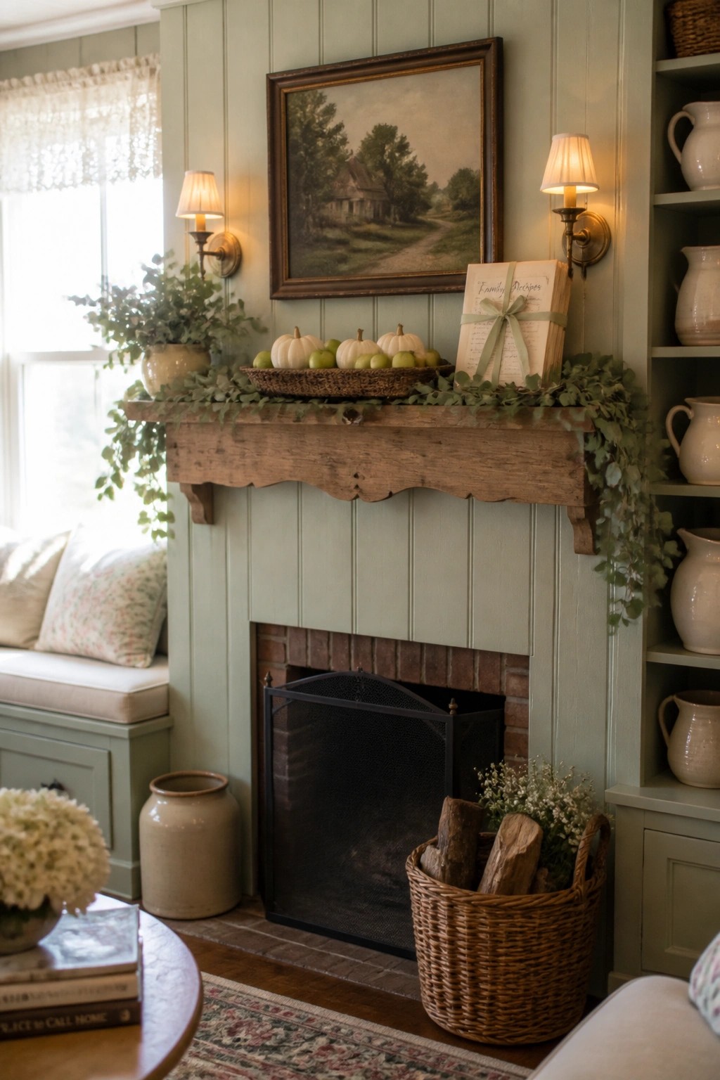 Rustic green living room with pumpkin-decorated wooden mantel, brick fireplace, and lit sconces.
