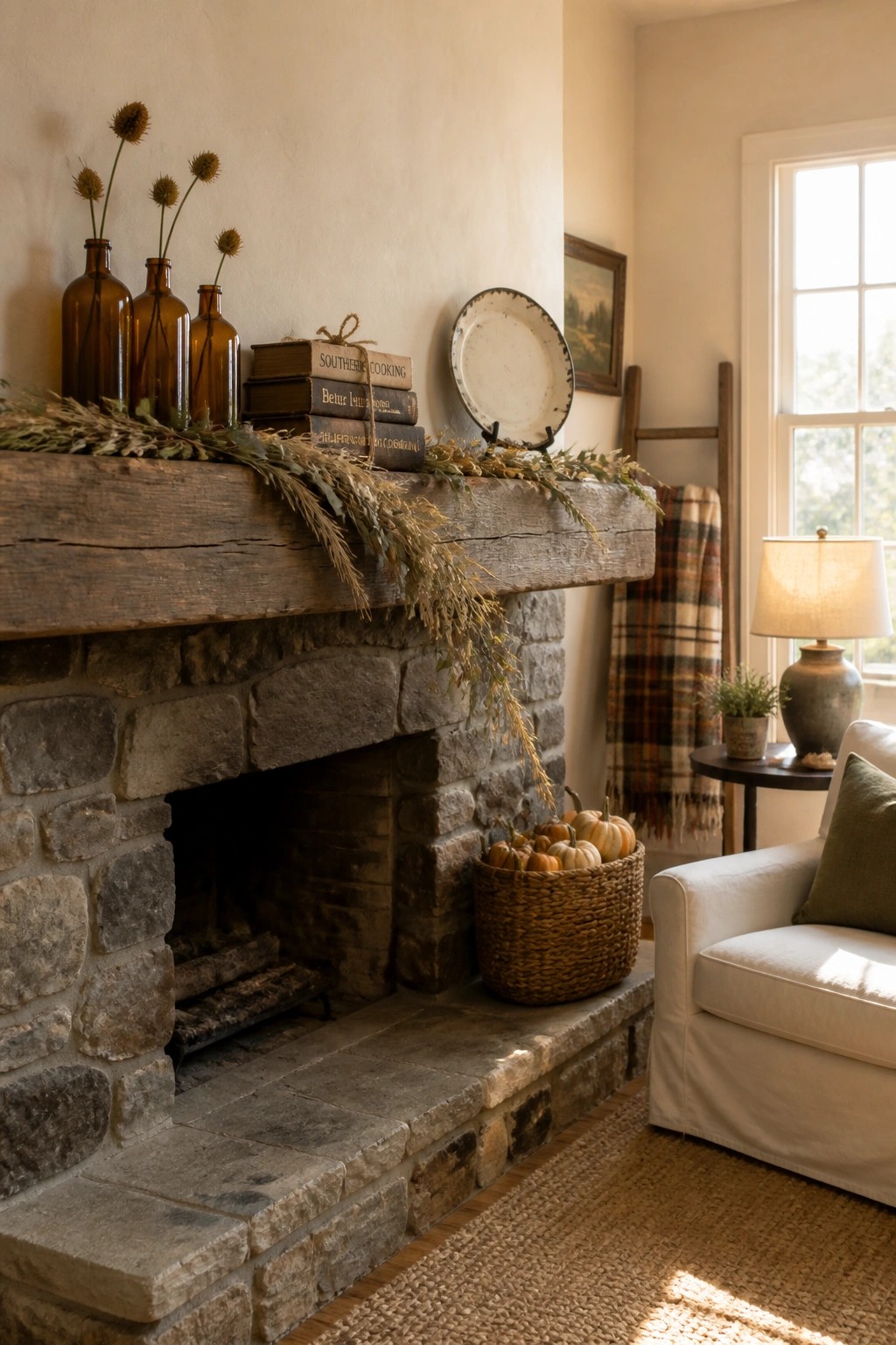 A rustic stone fireplace with a wooden mantel decorated with stacked books, amber glass bottles, dried foliage, and a woven basket of small pumpkins on the hearth.
