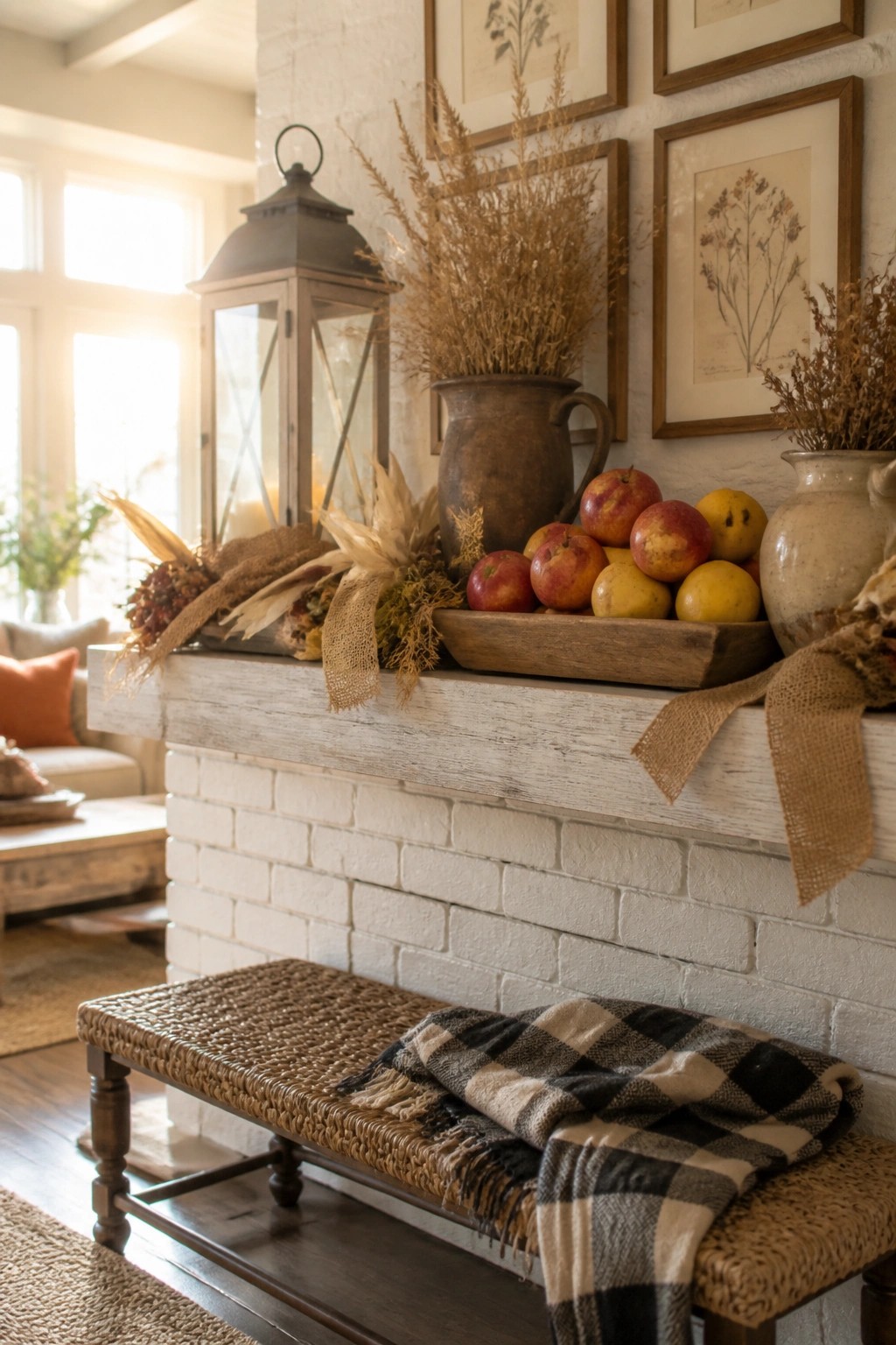 A white brick fireplace mantel holds a wooden tray of red and yellow apples, a dark metal lantern, a brown jug with dried grasses, and burlap ribbons, with a woven bench and plaid blanket below.