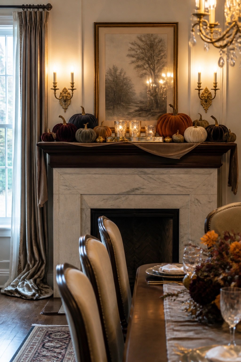 A marble fireplace mantel lined with velvet pumpkins in orange, burgundy, gray, and white, along with glass candle holders and a large framed landscape painting above.